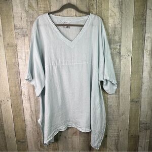 Match Point XL 100% Linen Light Blue Short Sleeve V-Neck Tunic Lagenlook Top